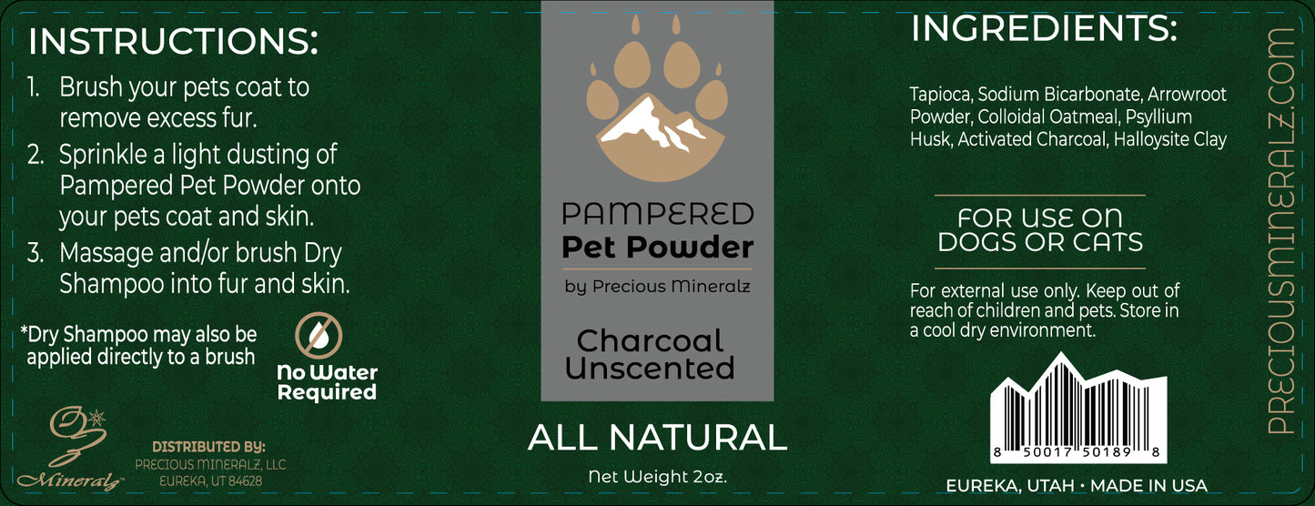 Pampered Pet Powder (Dry Shampoo) - Charcoal, Unscented - 2 oz