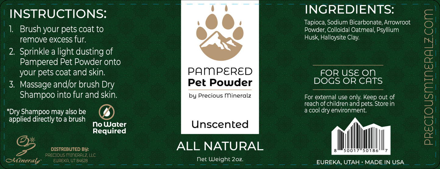 Pampered Pet Powder (Dry Shampoo) - Unscented - 2 oz
